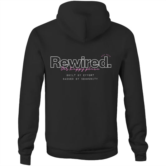 Rewired Our Happy Place Pink (front and back designs) AS Colour - Unisex Stencil Hood