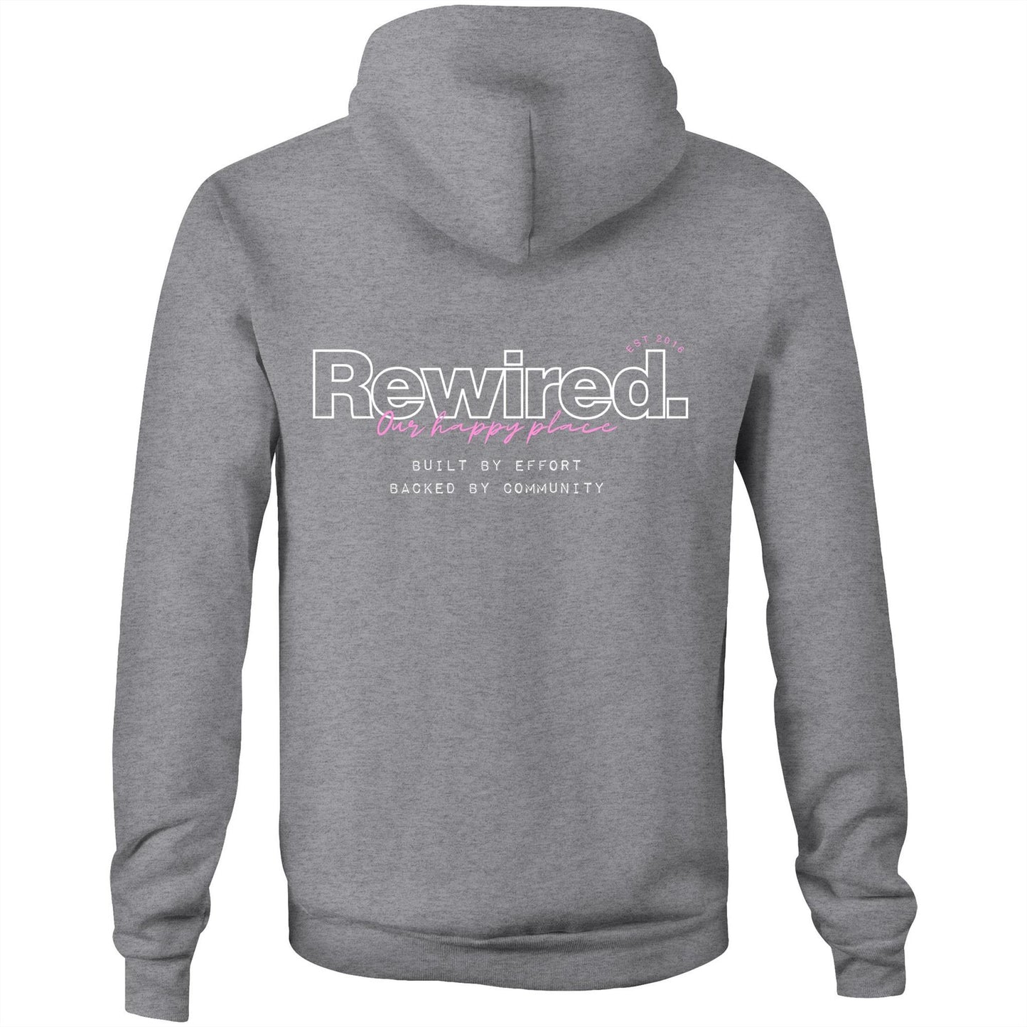 Rewired Our Happy Place Pink (front and back designs) AS Colour - Unisex Stencil Hood