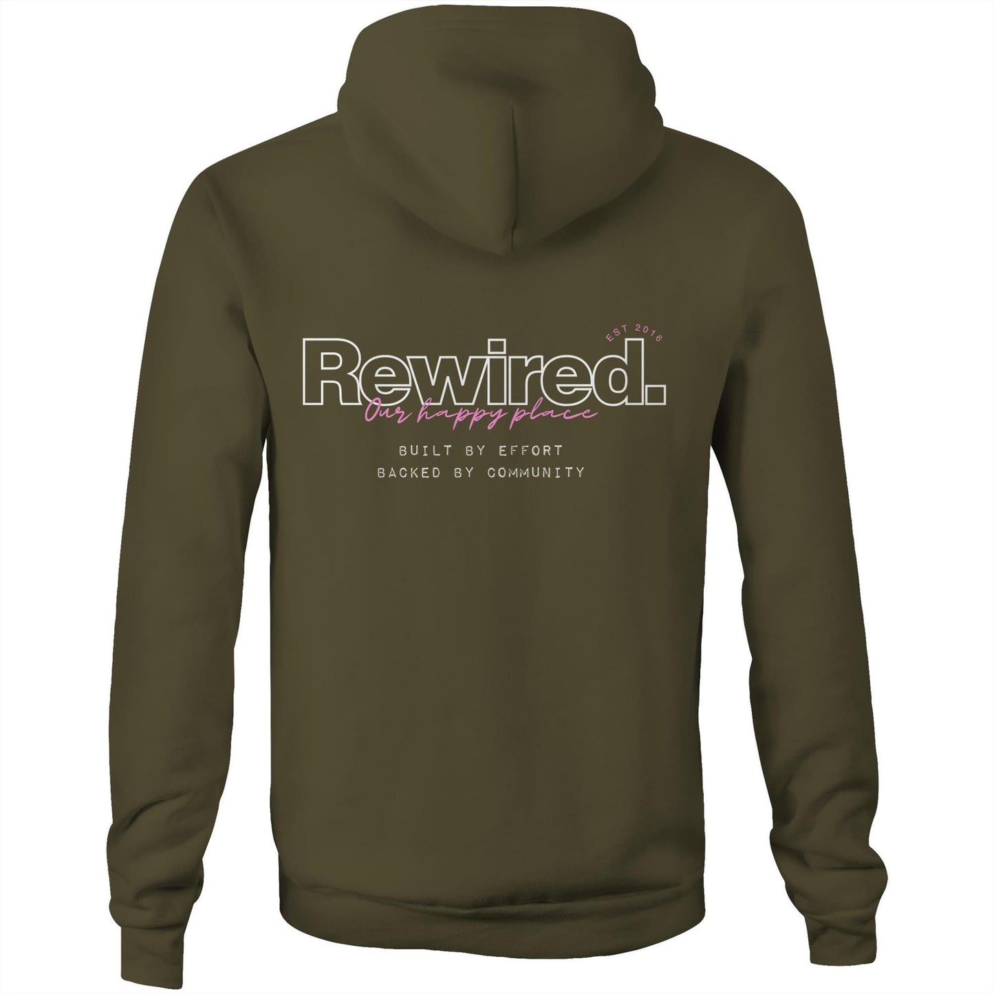 Rewired Our Happy Place Pink (front and back designs) AS Colour - Unisex Stencil Hood