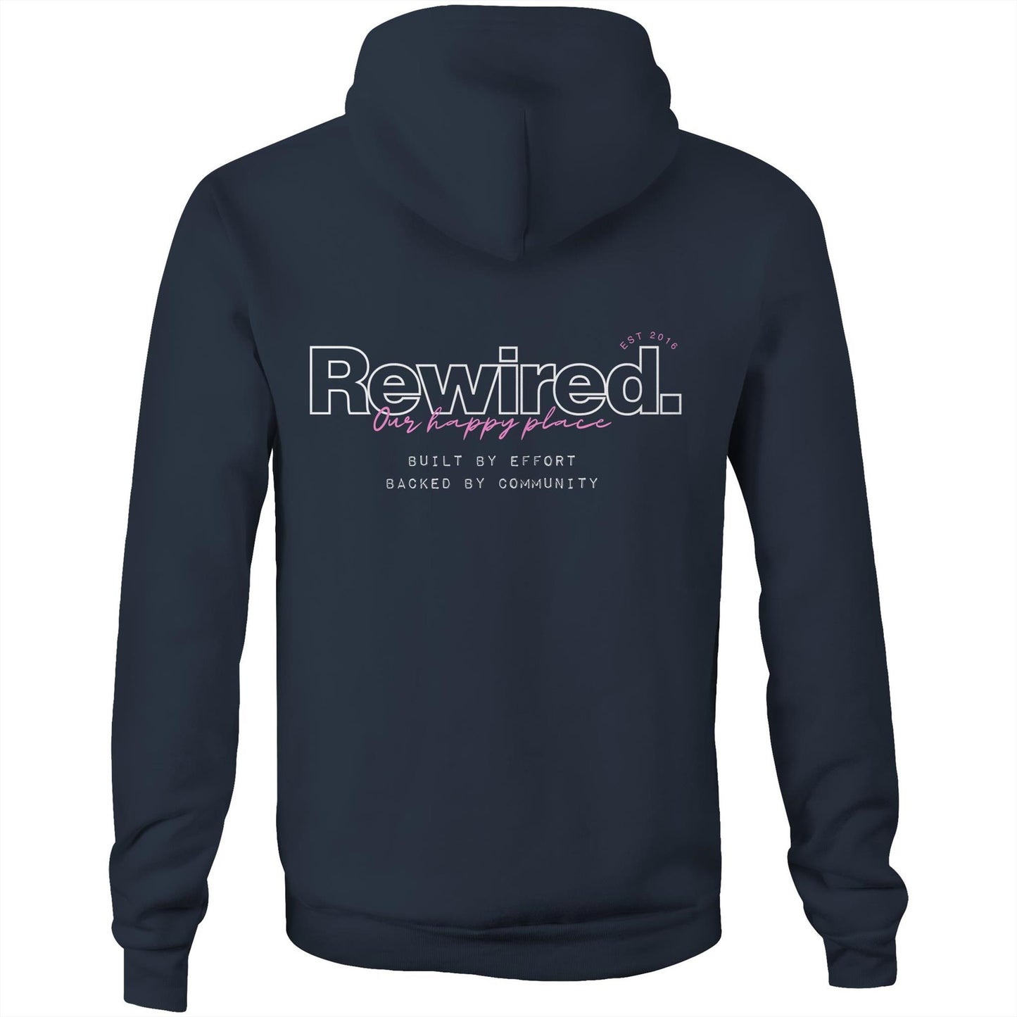Rewired Our Happy Place Pink (front and back designs) AS Colour - Unisex Stencil Hood